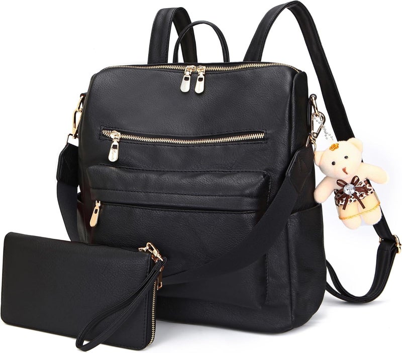 Soperwillton Women Backpack Purse Multipurpose Design Handbags Shoulder Bag PU Leather Travel bag Backpack Set 2pcs - Image 1